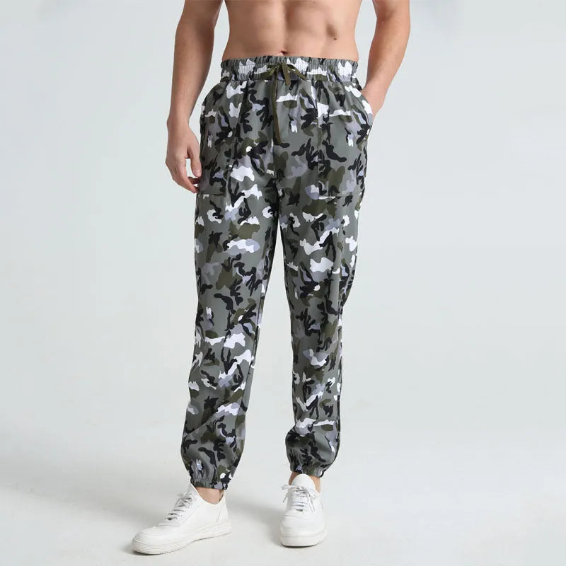 Men's sports casual camouflage trousers in army green camouflage, full-length polyester fibre design