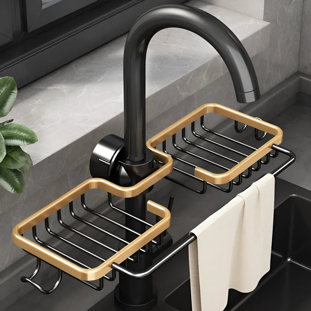 Silver single kitchen storage faucet rack drain basket made of space aluminium on sink