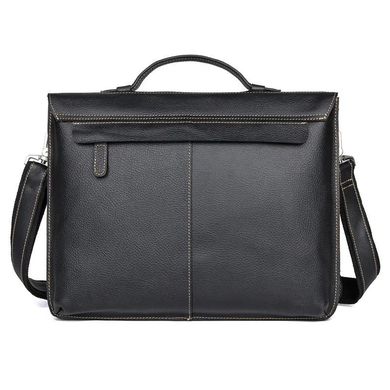 Men's retro cowhide leather business briefcase in black with adjustable shoulder strap, 38cm length