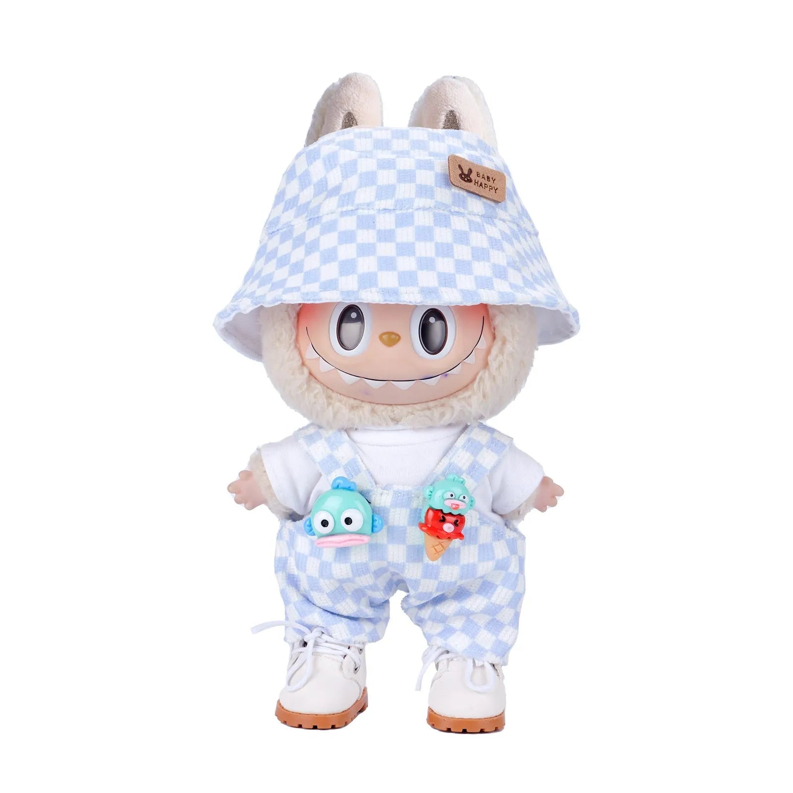 17cm doll clothes set with bucket hat, blouse, pants, and underwear in six colour options including No. 25 to No. 29 and Shoes No. 18
