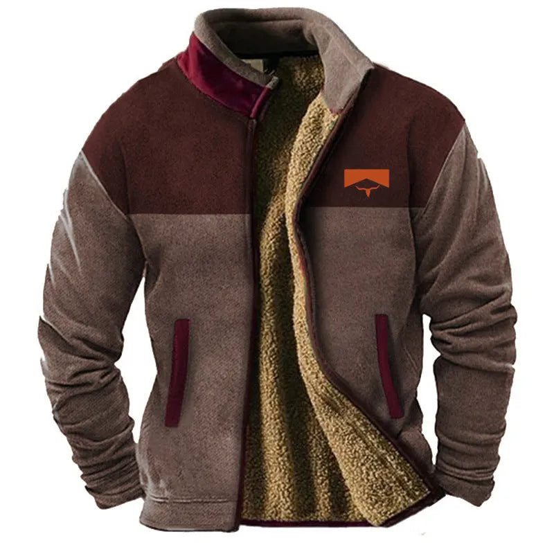 Men's green polyester fleece padded coat on a hanger, showing regular fit and quilted padding.