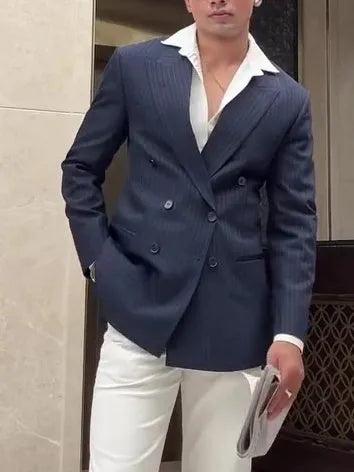 Men's striped double-breasted polyester blazer on hanger showing regular fit design