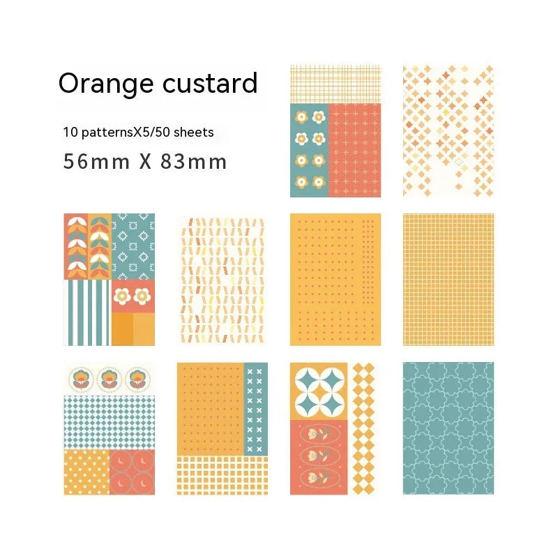 Pack of 50 colourful retro collage note papers in sweet light dessert colours, each measuring 56 by 83 millimetres.