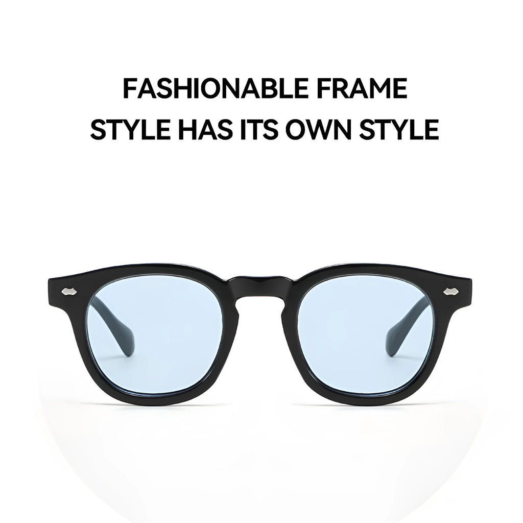 Simple round rim retro sunglasses with plastic frame and UV400 lenses on a plain background.