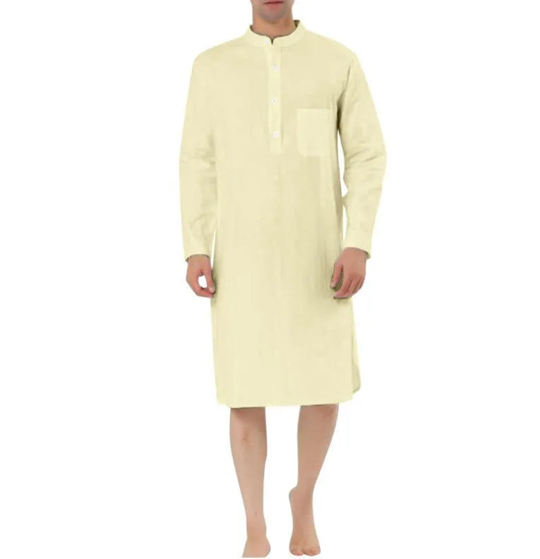 Men's cotton shirt robe with multiple pockets shown in available colours with shirt-style closure