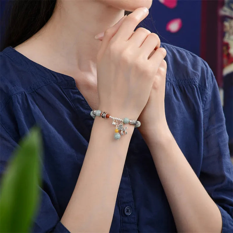 Natural emerald vintage bracelet with alloy components, manual DIY processing, retro jewellery style