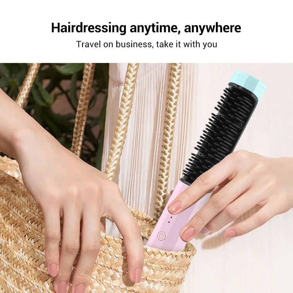 Cordless straightening comb in pink with anti-scald design, 4000mAh battery, and USB charging cable
