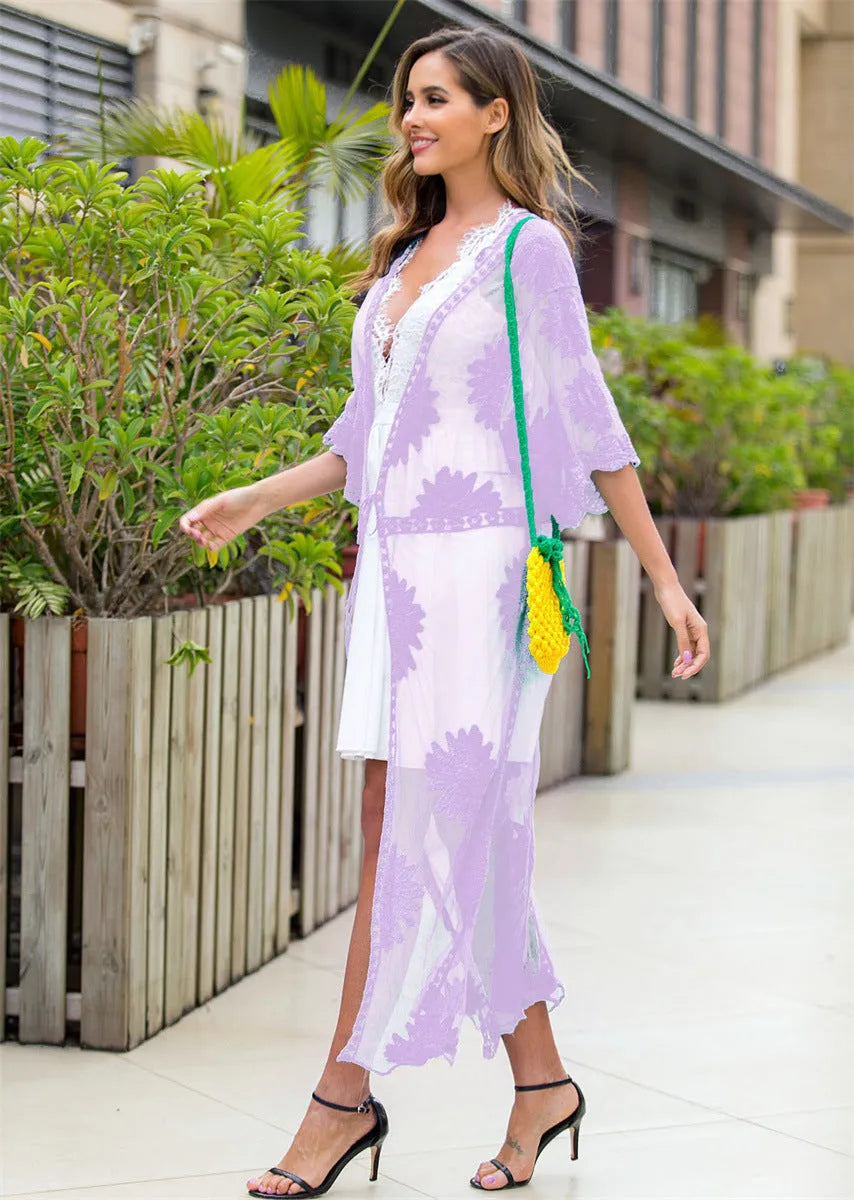 Light purple women's beach cover-up dress with cotton lining, shown as a cardigan-style swimsuit outer layer.