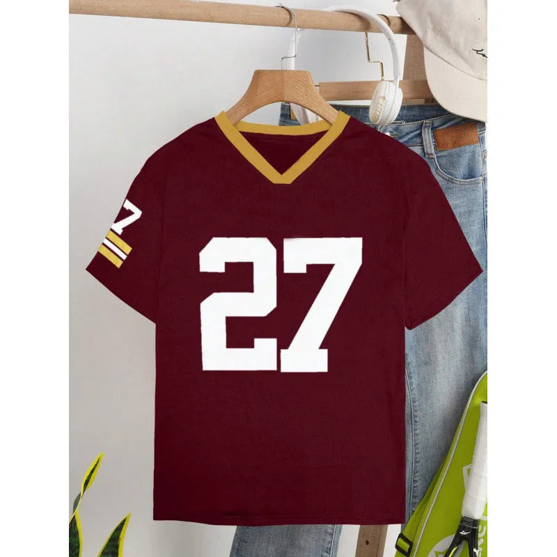 Red cotton T-shirt with white digital letter print, loose fit short sleeve design