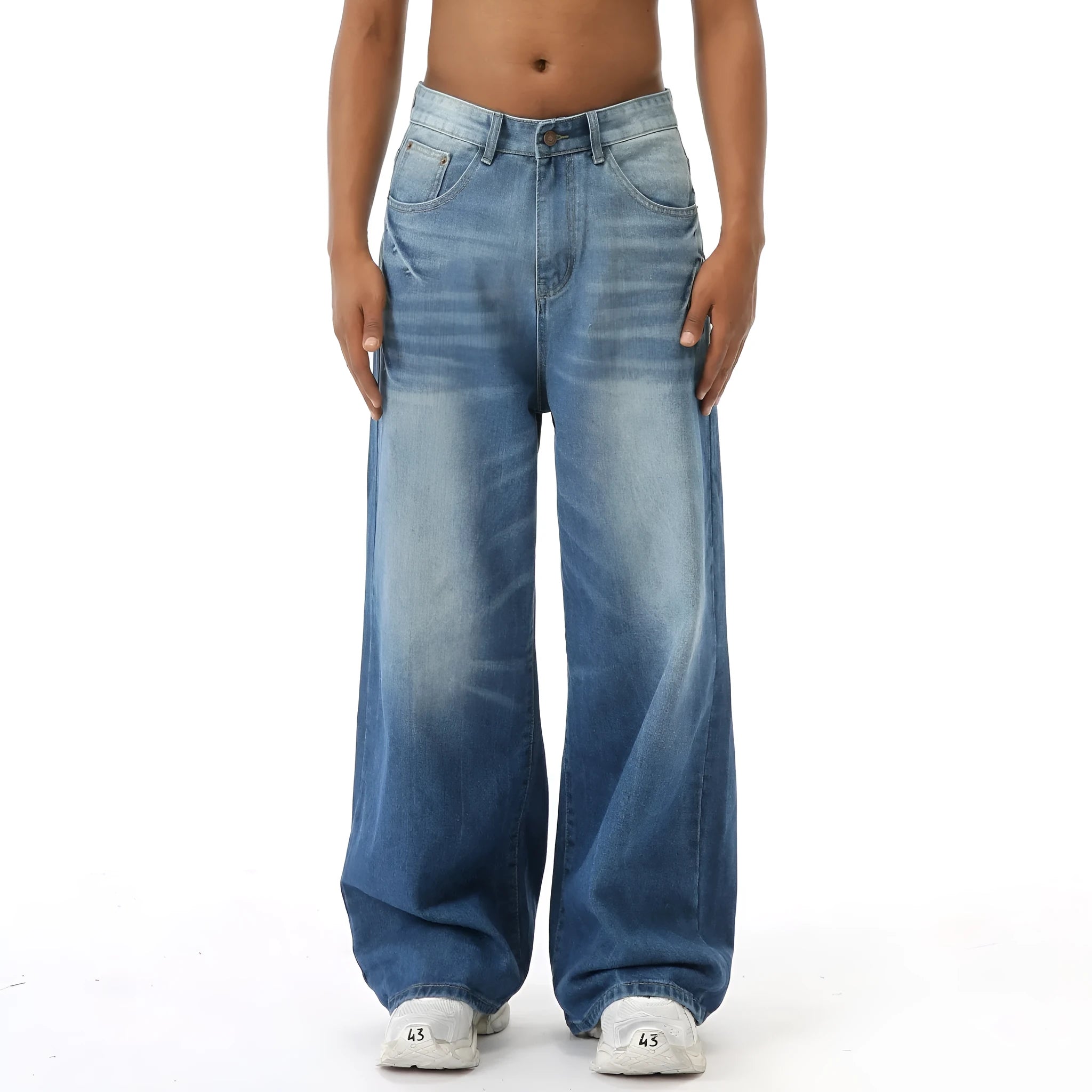 Retro washed light blue men's loose straight wide leg jeans with mid waist and zipper fly