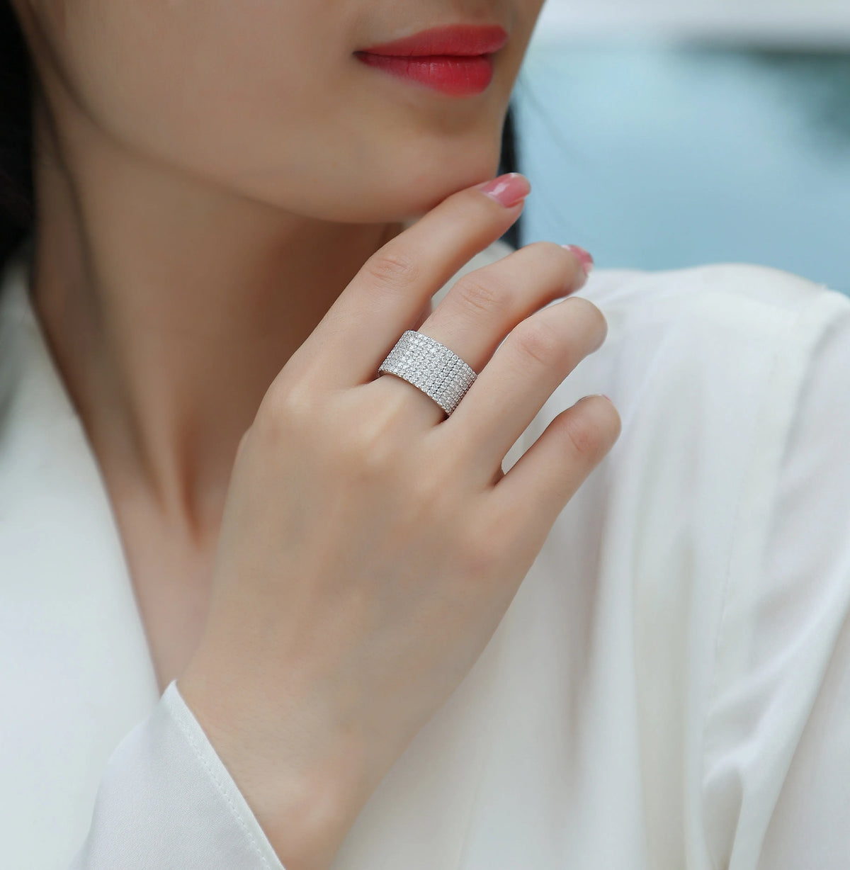 Starry River wedding ring set with moissanite stone in S925 silver with platinum plating, gift box packaging