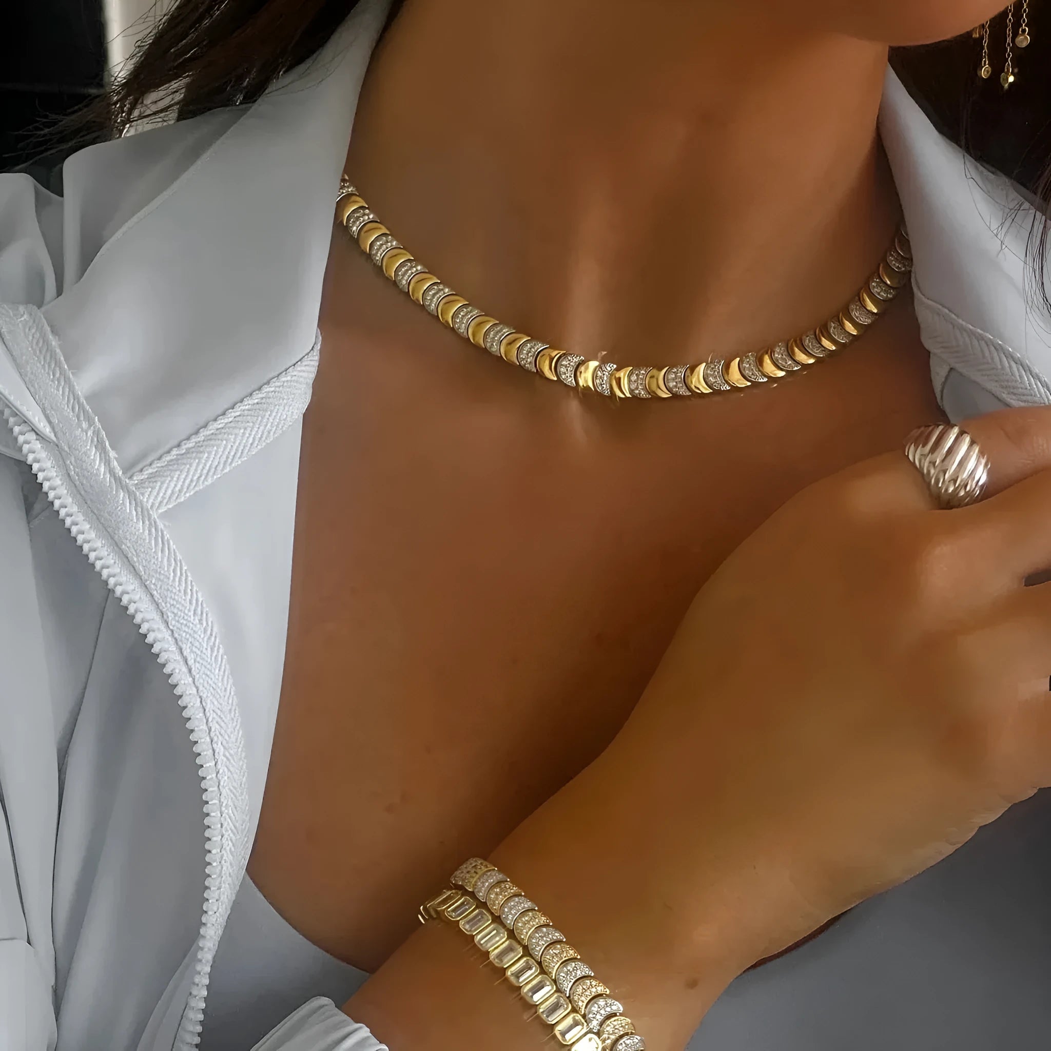 Women's gold moon zircon pendant necklace and bracelet set on chain, 41cm and 17cm