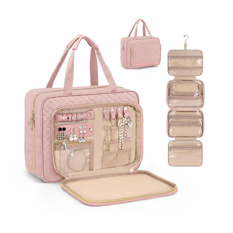 Women's hanging storage cosmetic bag in waterproof polyester, black or pink solid colour, dimensions 30.5cm