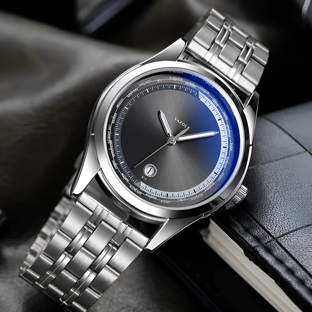 Business men's watch stainless steel luminous waterproof sports wristwatch with calendar window black blue silver