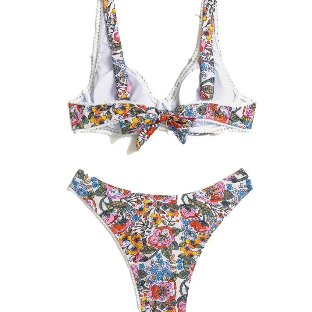 Women's floral print bikini set with steel bracket push-up top and matching high-waist briefs
