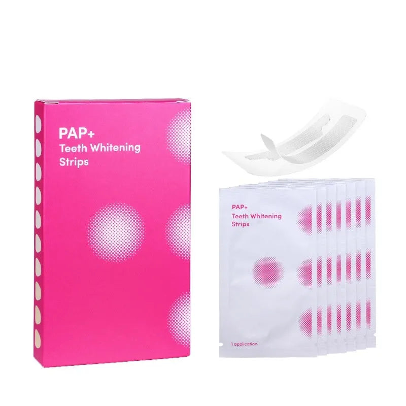 Box of teeth whitening patches with activated carbon and PAP in black packaging showing 7 pairs of stickers