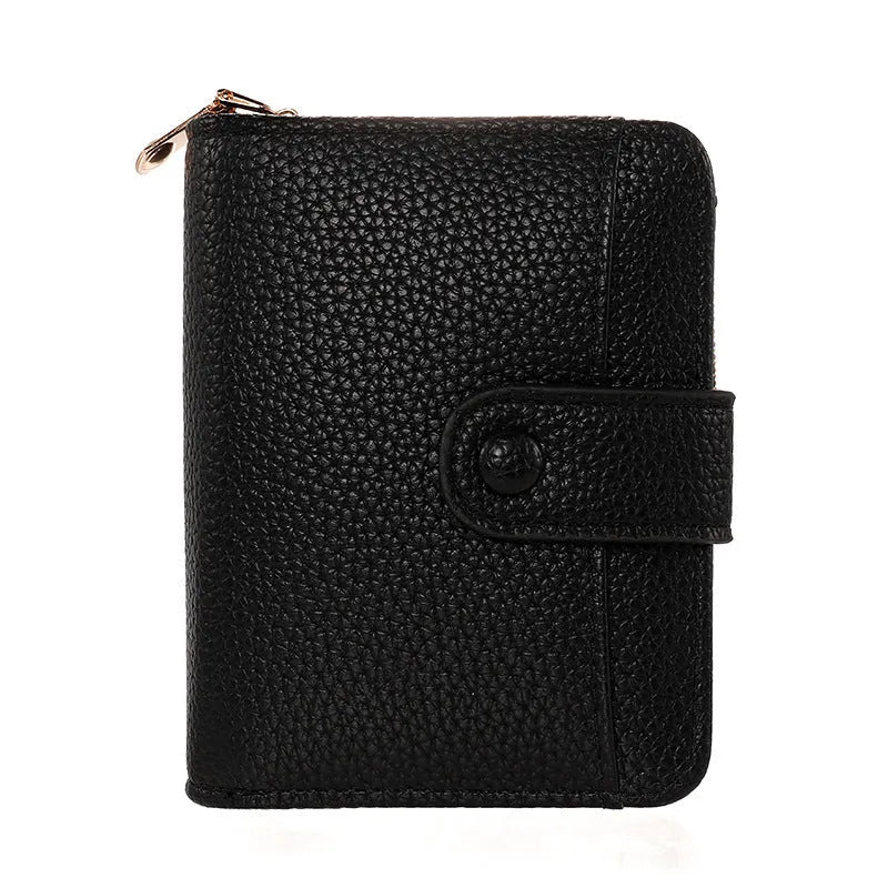 Women's lychee pattern short wallet in PU leather with antibacterial lining shown in beige, pink, black, and red colour options
