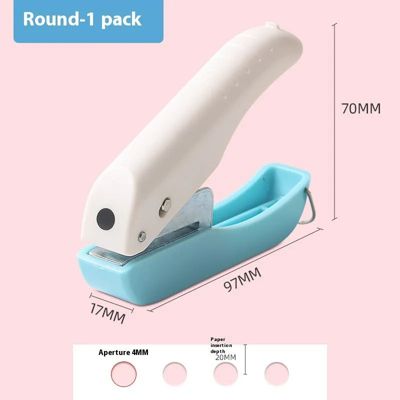 Manual hand punch with four embossing heads: Love, 4mm round, 6mm round, and star shapes.