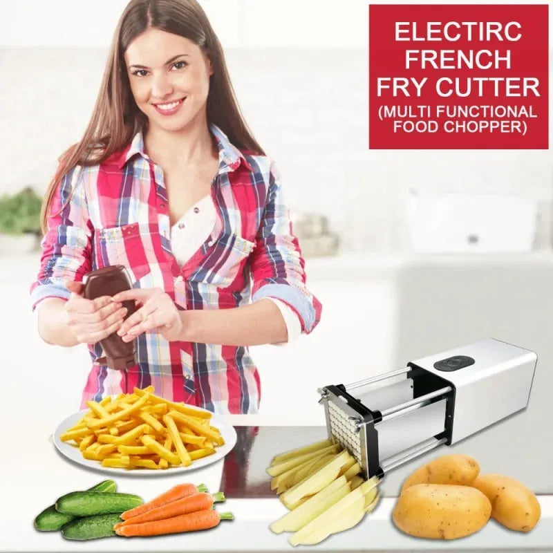 Black electric French fry cutter with stainless steel blades on a kitchen countertop.