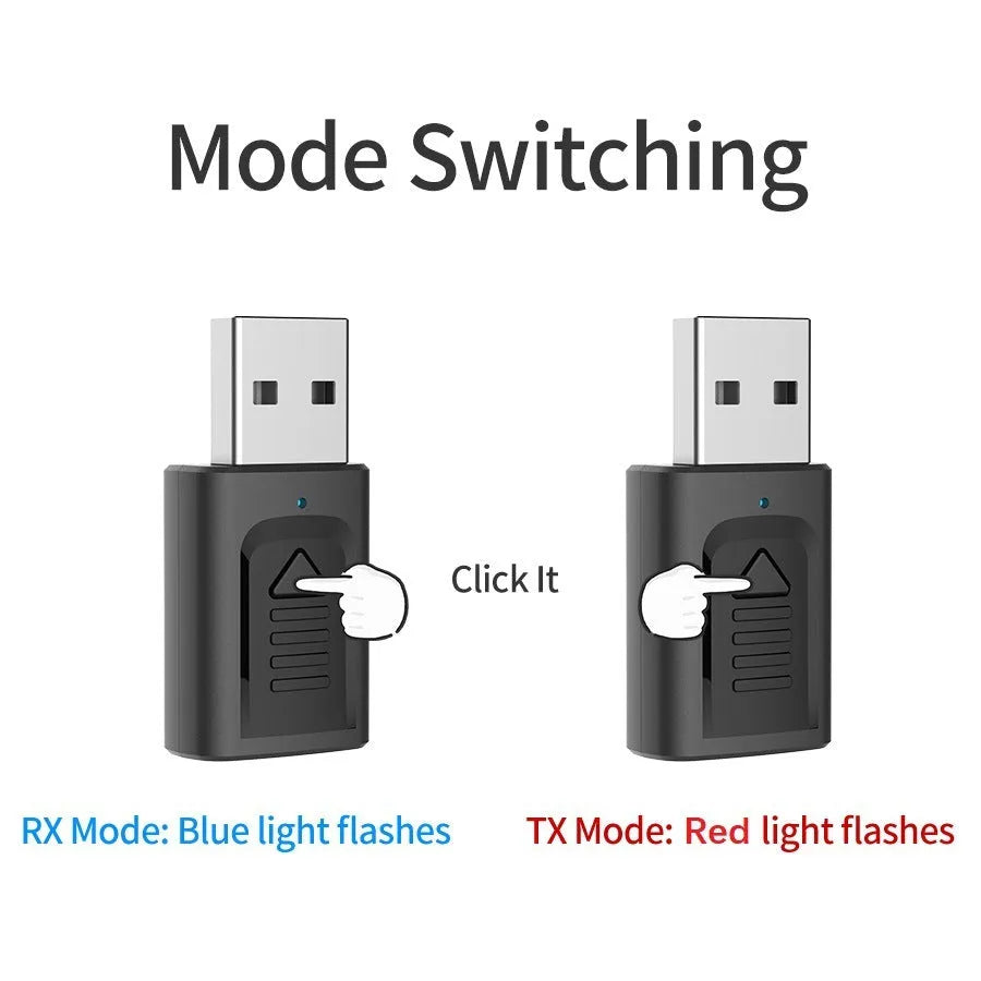 Black Bluetooth 5.0 audio transmitter receiver M135 with USB and aux cable on wooden desk
