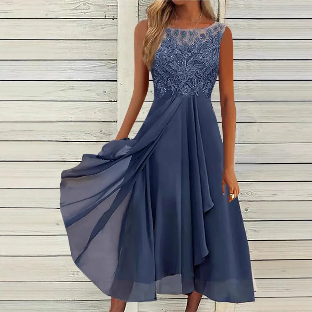 Women's sleeveless green chiffon dress with white stitching lace and hollow-out detail, mid-length skirt.
