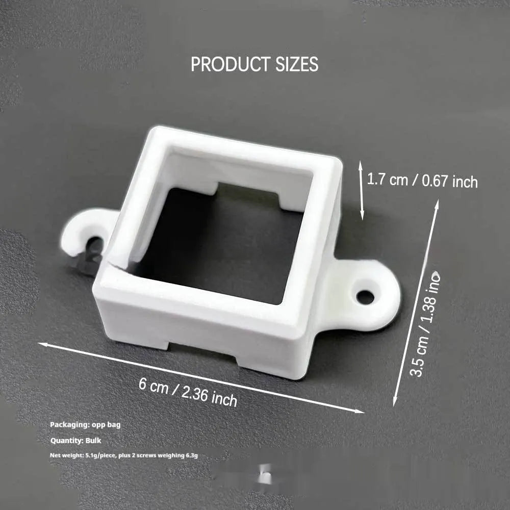 White plastic protective cover for an LED light bracket, shown with dimensions.