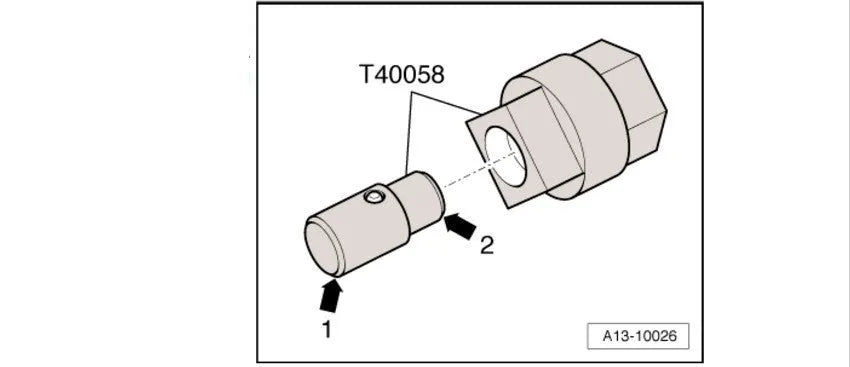 Aodi T40058 crankshaft rotating sleeve and timing tool adapter for engine service.