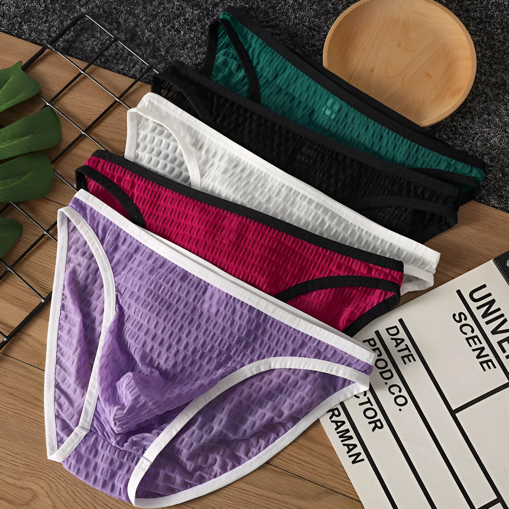 Men's low waist transparent lace underwear shorts in multiple colours on size chart