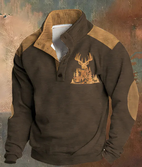 Teenager wearing a loose-fit long-sleeved sweater with a 3D digital print design and four buttons on the front.
