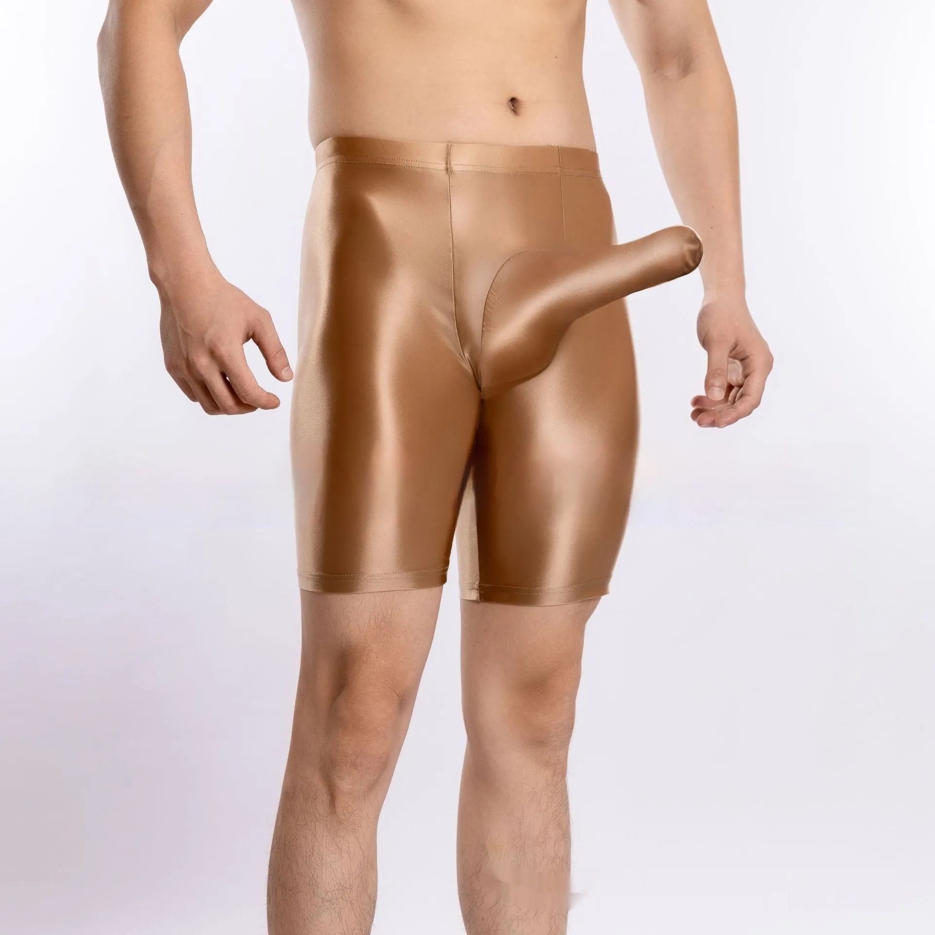Men's plus size shiny silky nylon sports shorts in multiple colours including black, blue and fluorescent green.