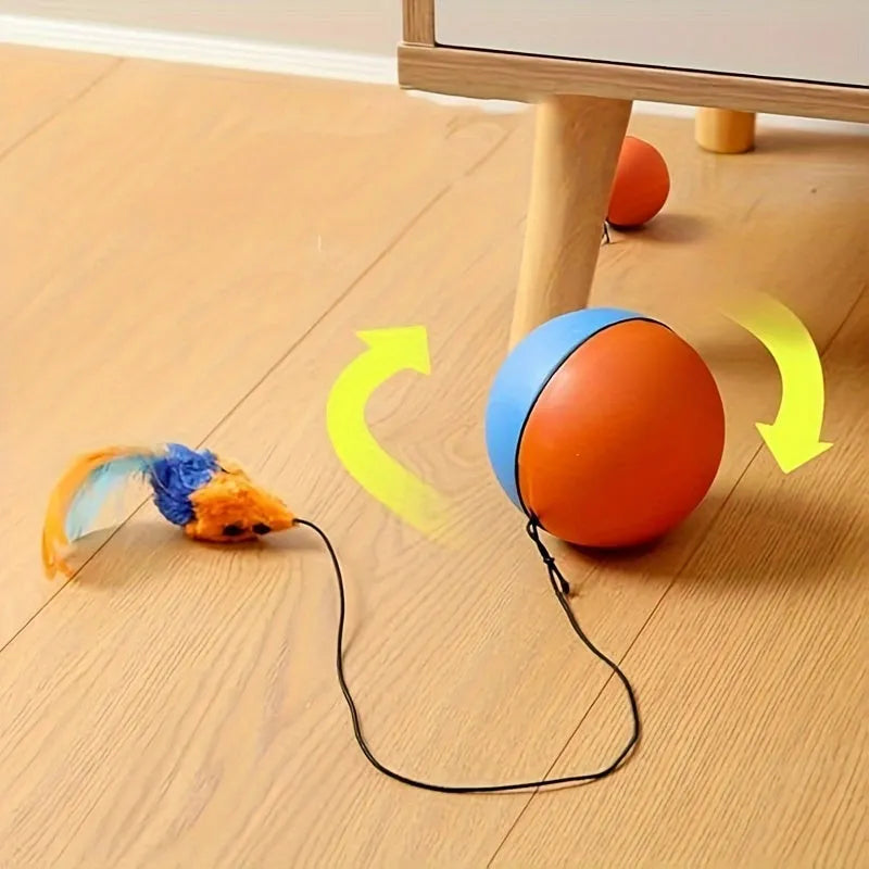 Grey and orange interactive cat toy ball with attached plush mouse and feather tail.
