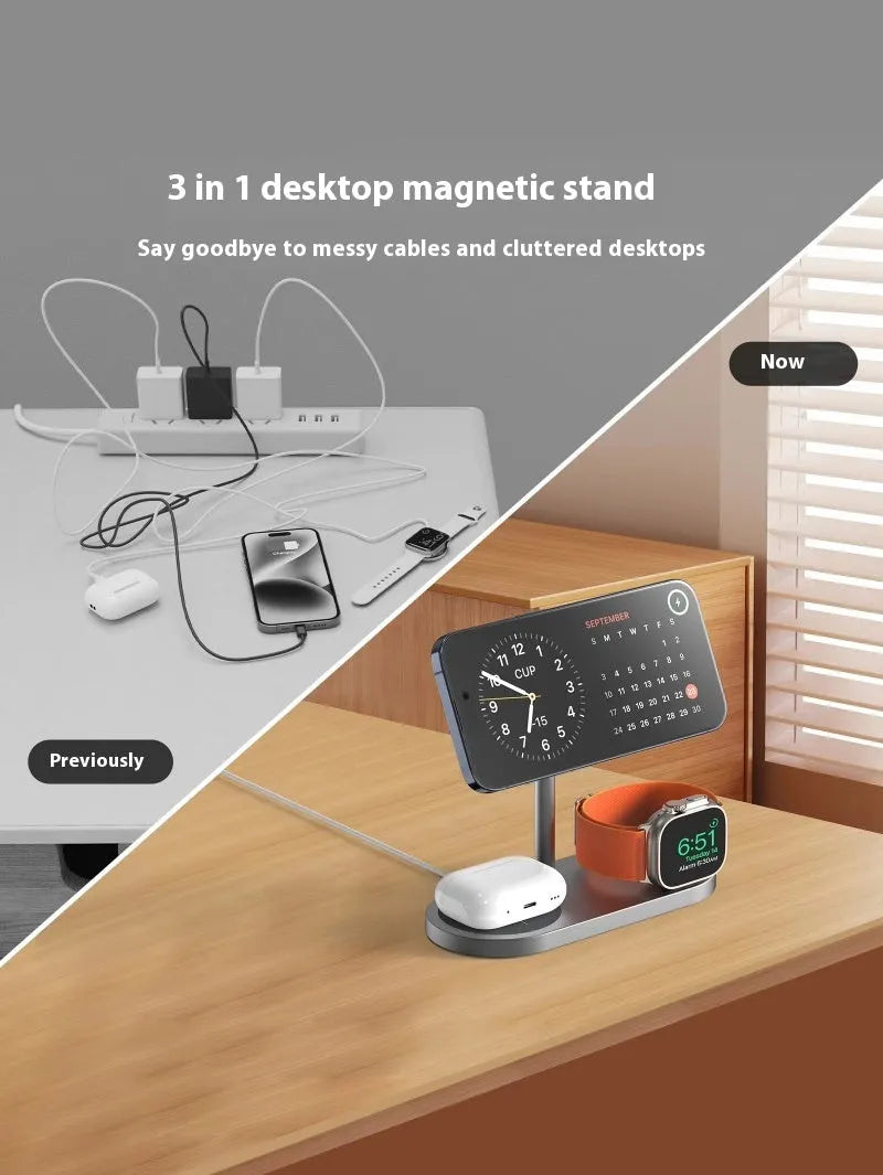Three-in-one magnetic wireless charger with aluminium alloy body in gray finish, charging a smartphone and watch