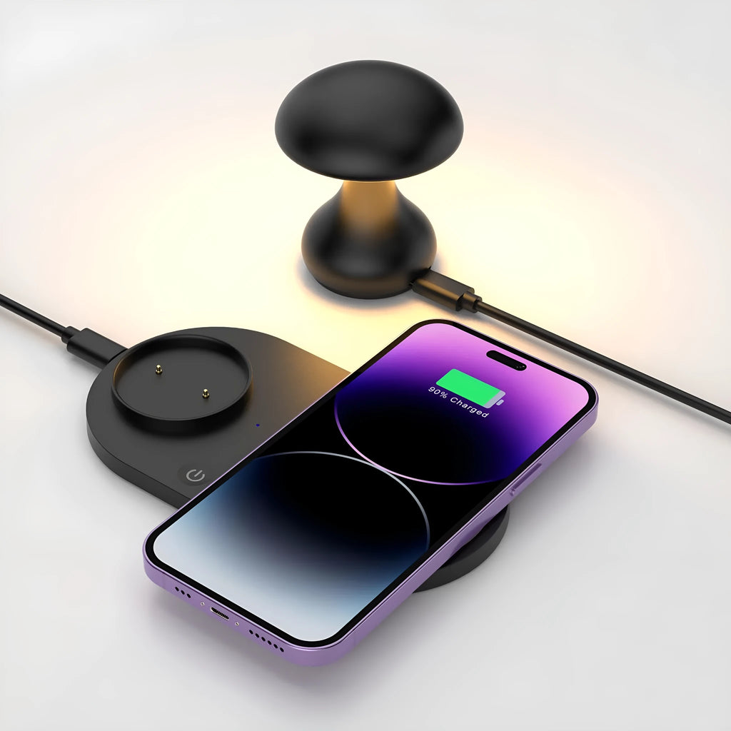 Multifunctional 10W fast wireless phone charger mushroom lamp in white ABS composite material on a desk