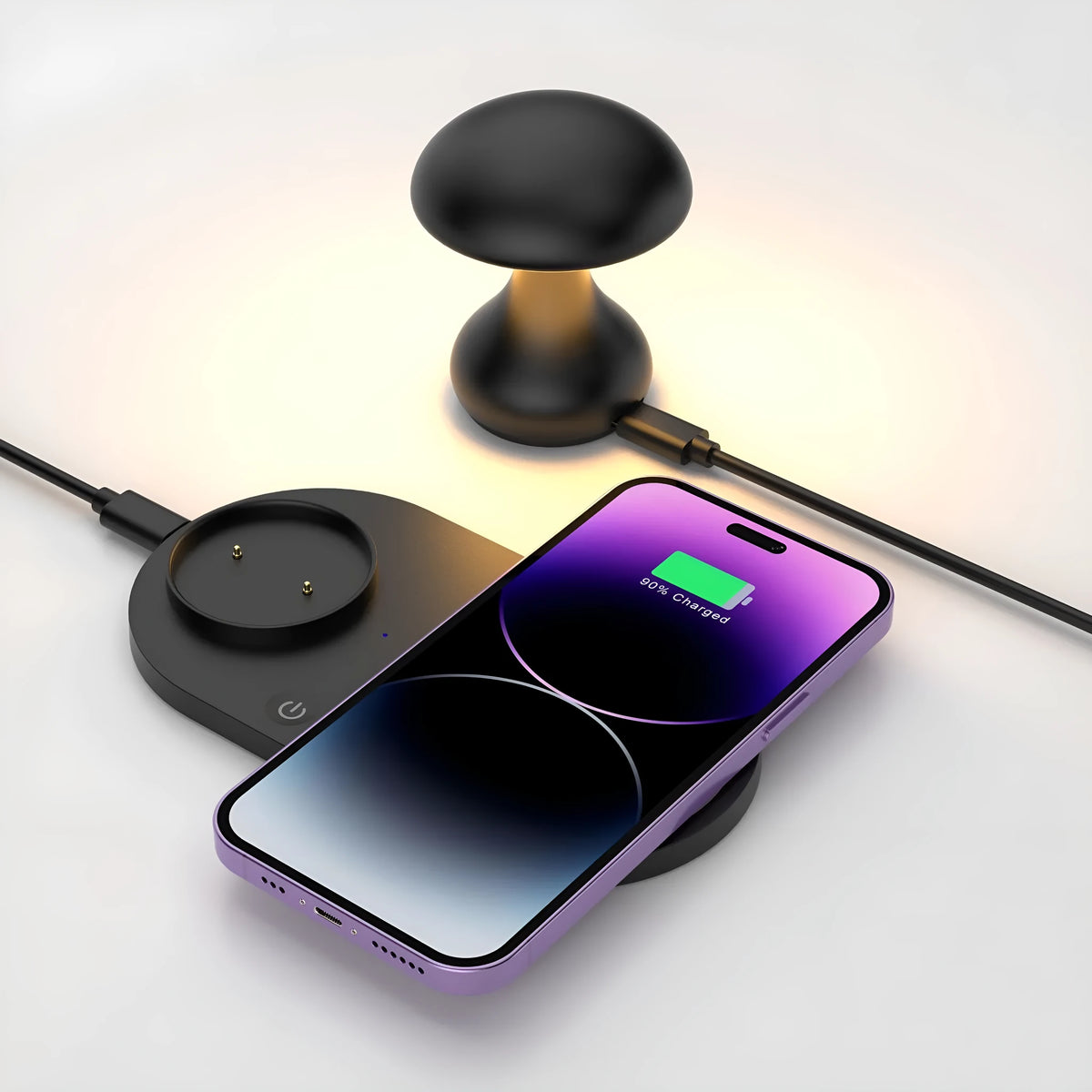 Multifunctional 10W fast wireless phone charger mushroom lamp in white ABS composite material on a desk