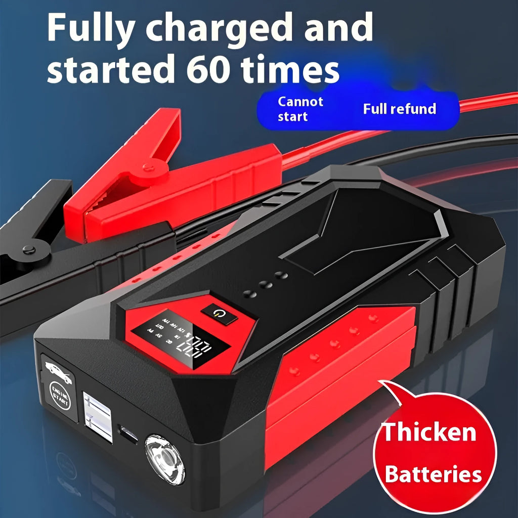 Red 12V car jump starter power bank with battery clamps and 18800mAh capacity