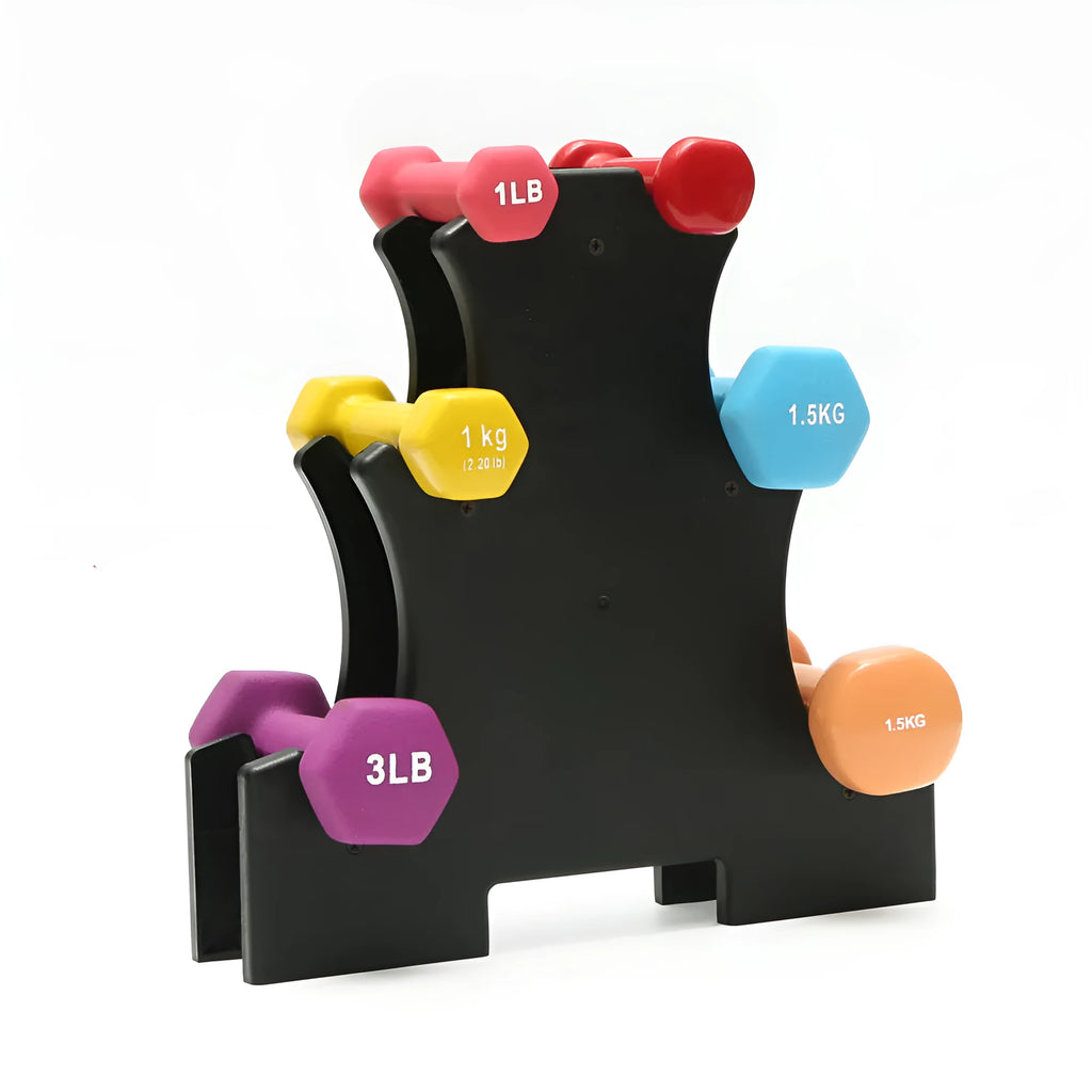 White PVC dumbbell storage rack with removable mounting bracket on a clean floor.