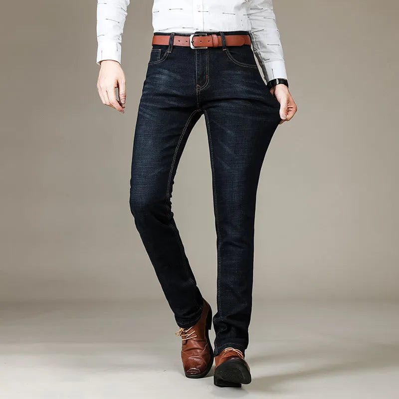 Men's stretch slim straight business casual jeans in blue cotton denim, available in sizes 28 to 40