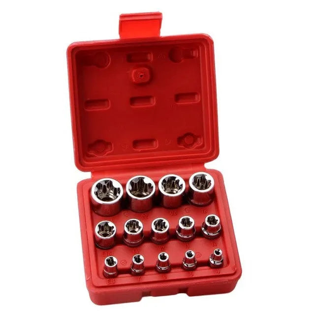 14-piece red E-type socket combination auto repair tool set in storage box