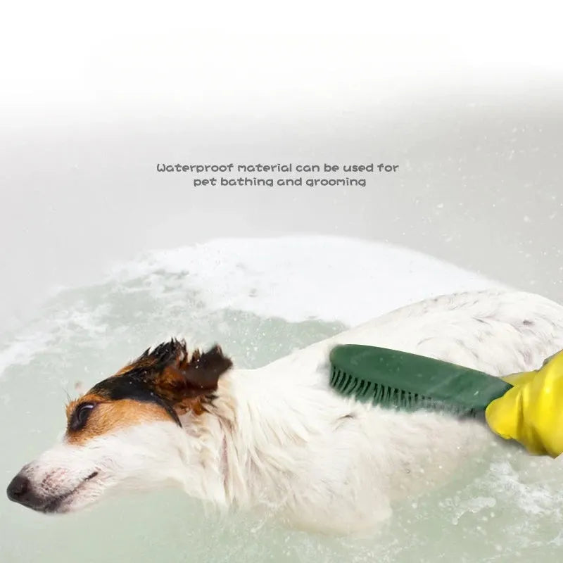 Self-cleaning dog brush pet hair remover in green with integrated hair collector, on white background