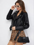 Women's black retro-style PU leather coat on a hanger, showing regular sleeves and hip length.