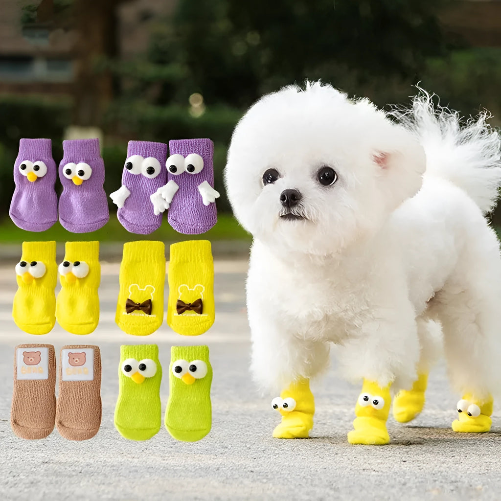 Dog all-season universal socks with cute big eyes and anti-slip particles on the bottom, in green colour