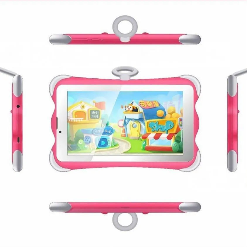 7-inch children's learning tablet with stand in cartoon colours showing IPS screen and 3G calling capability