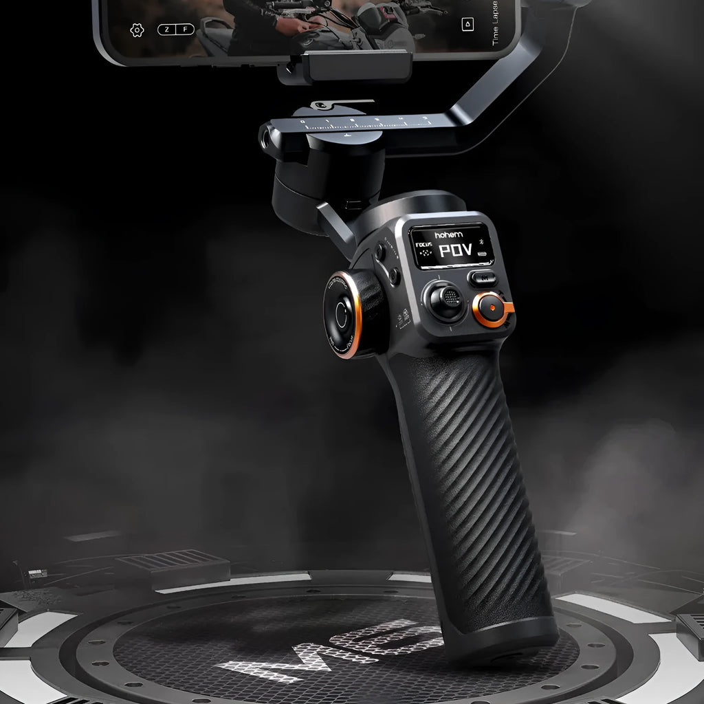 Black three-axis vlog stabiliser with AI face tracking and magnetic fill light for smartphones