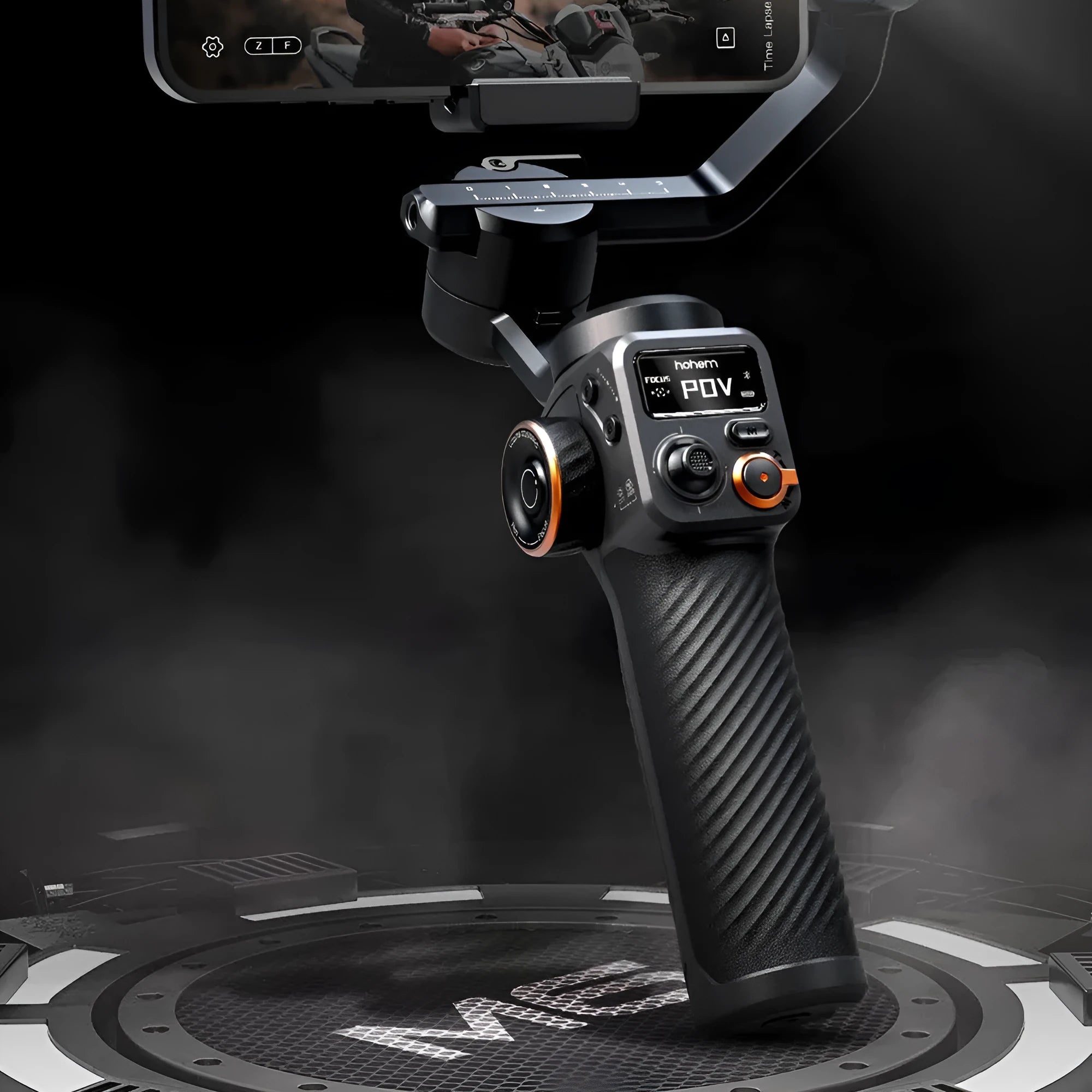Black three-axis vlog stabiliser with AI face tracking and magnetic fill light for smartphones