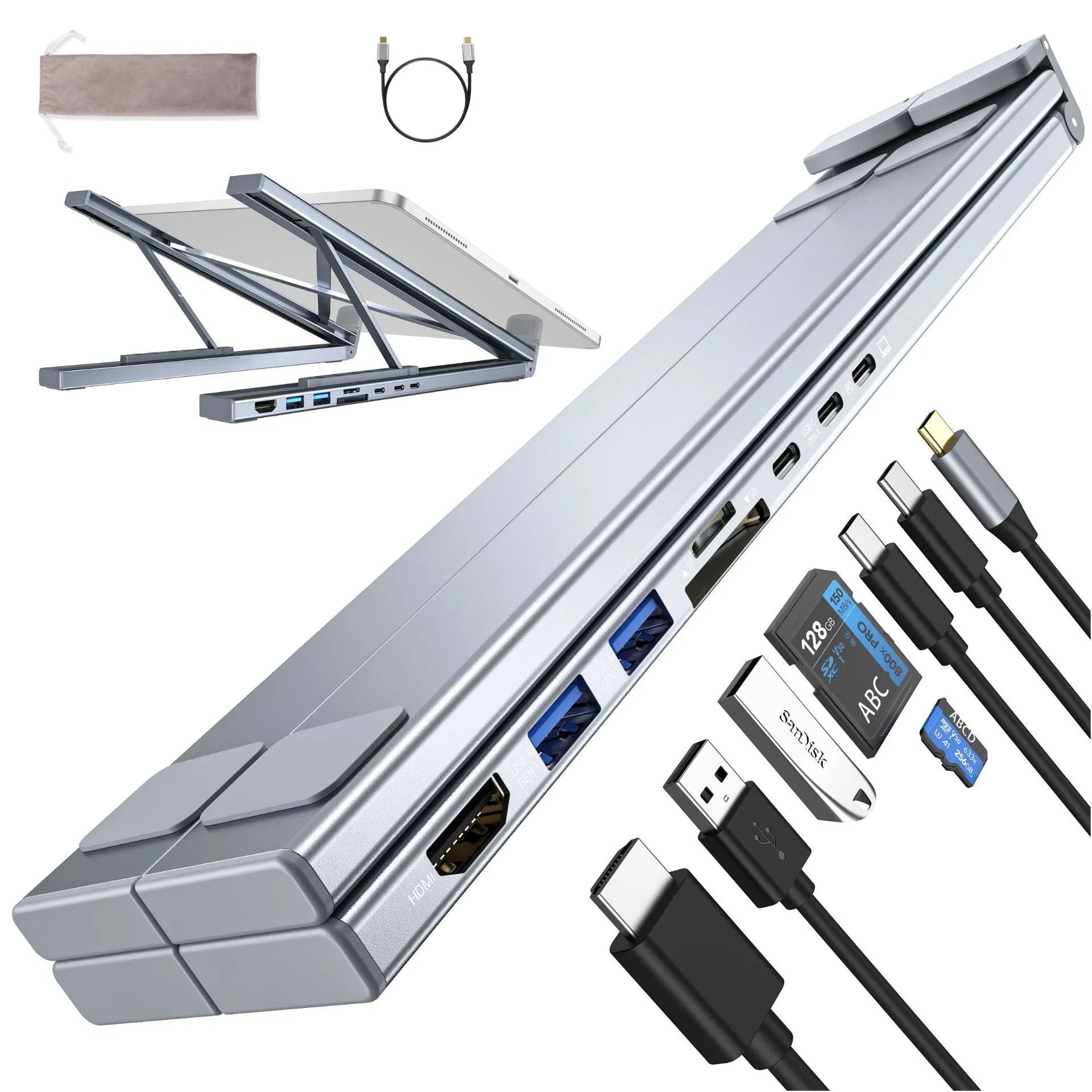 Silver aluminium folding laptop stand with integrated multi-port docking hub on a desk.
