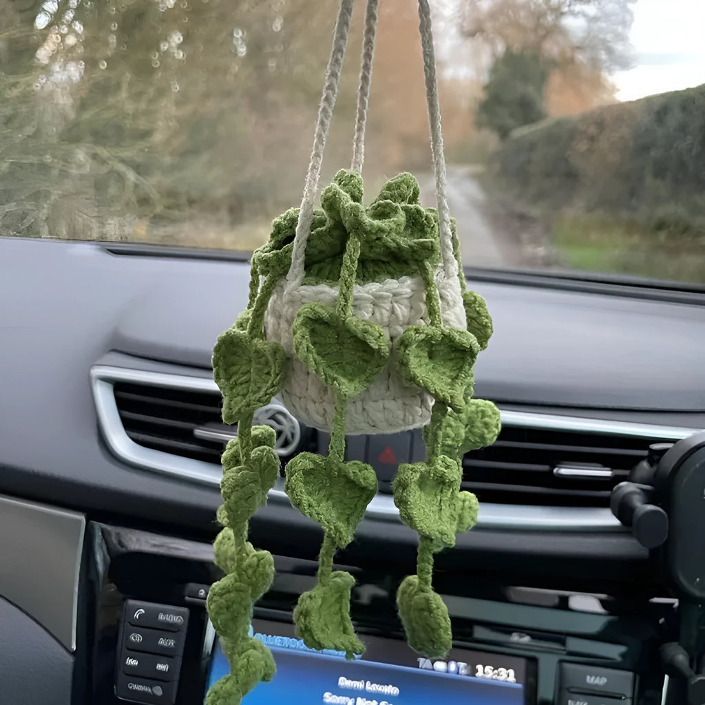 Green and white knitted car plant ornament with 8cm basin base and hanging rope for vehicle interiors