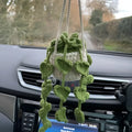 Green and white knitted car plant ornament with 8cm basin base and hanging rope for vehicle interiors