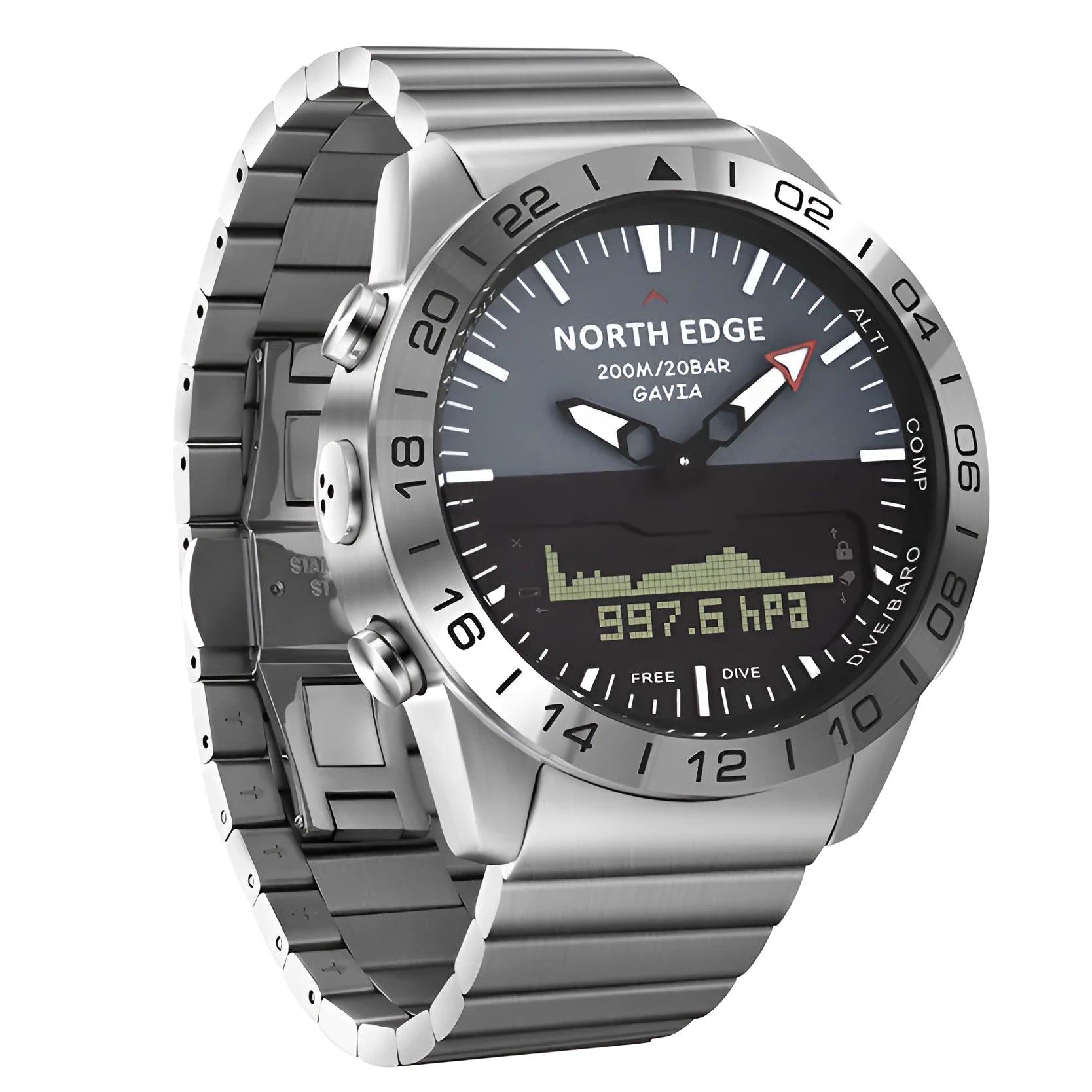 Smartwatch with stainless steel band, luminous screen, silver grey, 48mm case for outdoor sports