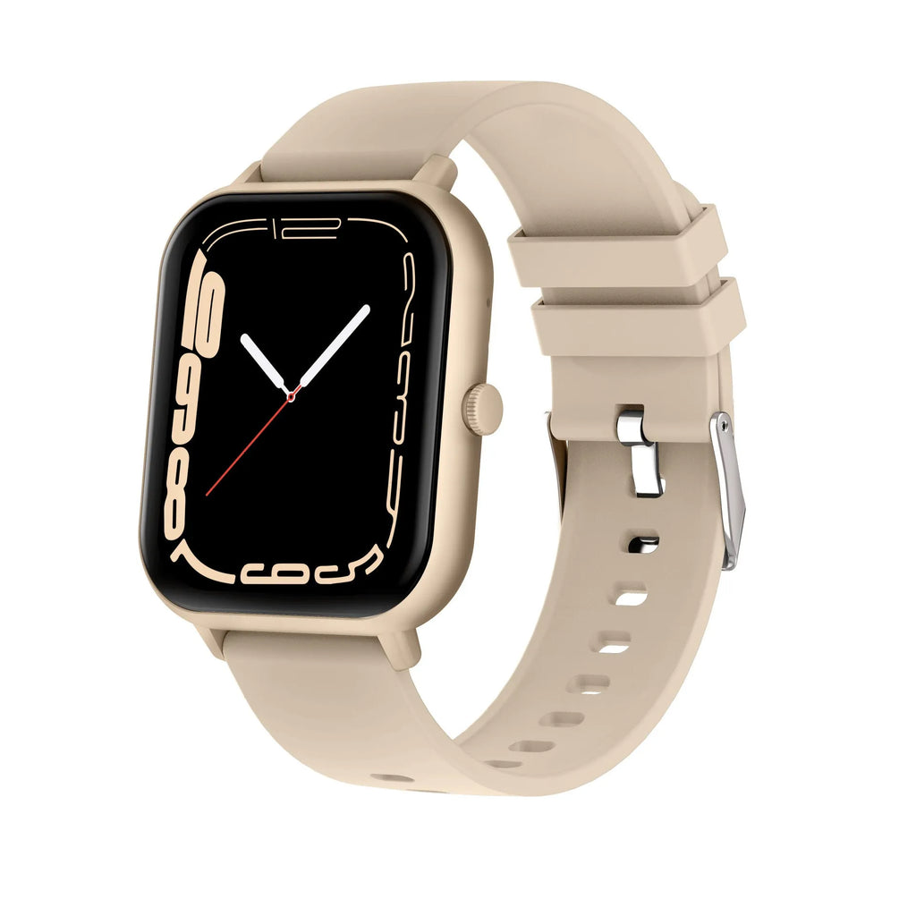 Bluetooth smart watch with heart rate monitor on wrist in black, pink, silver grey, or khaki colour.