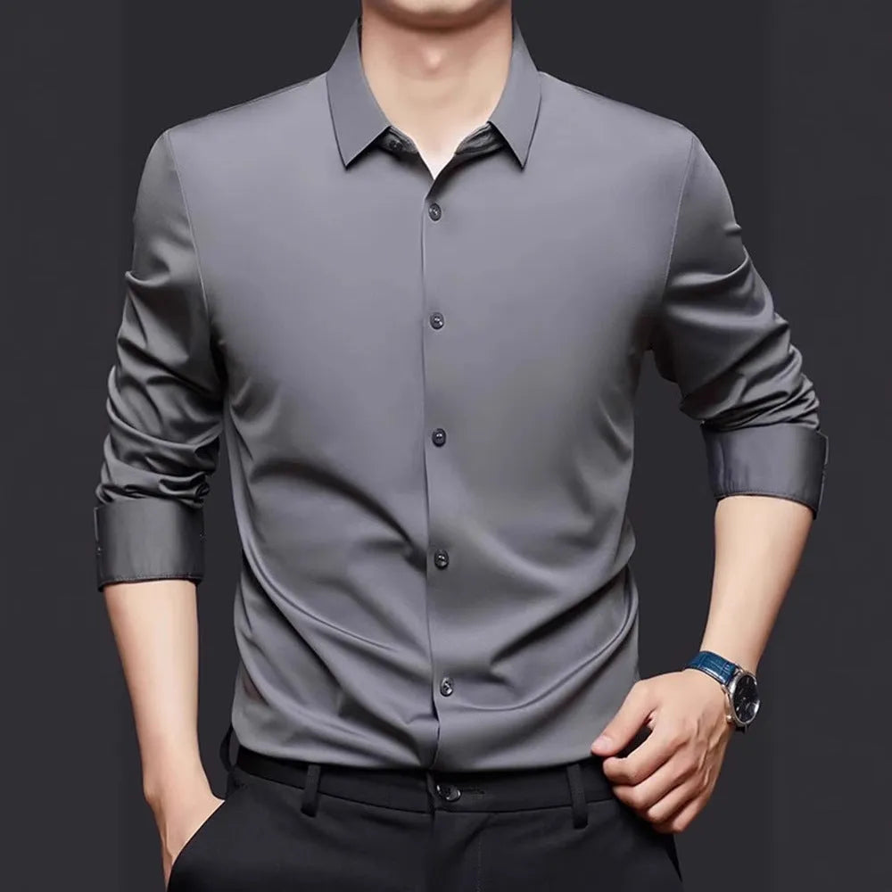 Seamless high elastic long sleeve anti-wrinkle shirt in white with spandex stretch fabric cardigan style